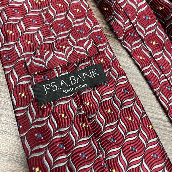 Jos A Bank Maroon w/ Grey, Gold & Blue Check Silk Tie - Picture 3 of 4